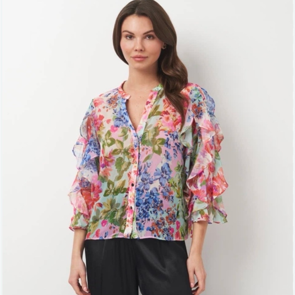 Zara Floral Chiffon Ruffle Sheer Button Front Cottagecore Top Size Medium